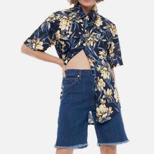 Free People Sandrine Rose Indigo Blue Denim Fray Hem Bermuda Jean Shorts